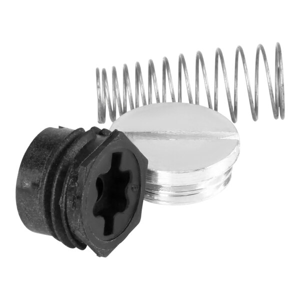 A black and silver metal object with a spring and a screw.