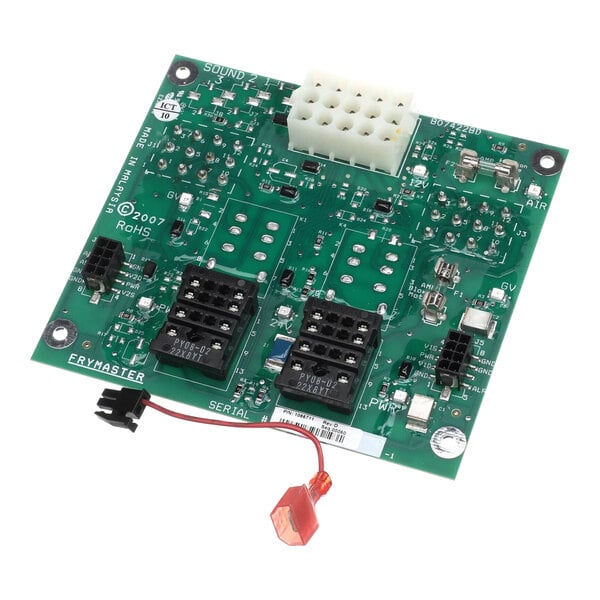 A green Frymaster interface board with black and white connectors and two red wires.