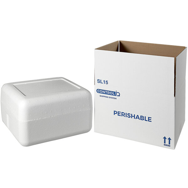 A white insulated shipping box with a white styrofoam cooler inside.