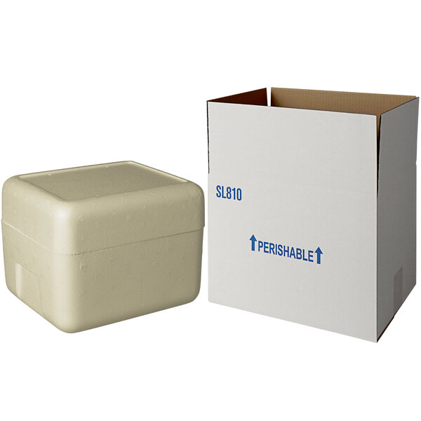 A white insulated shipping box with blue writing on it.