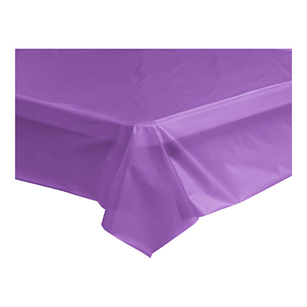 A purple Table Mate plastic tablecloth on a table.