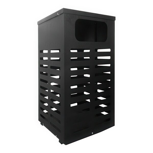 A black rectangular Paris Site Furnishings Lasting Impressions outdoor waste receptacle with a grid on top.