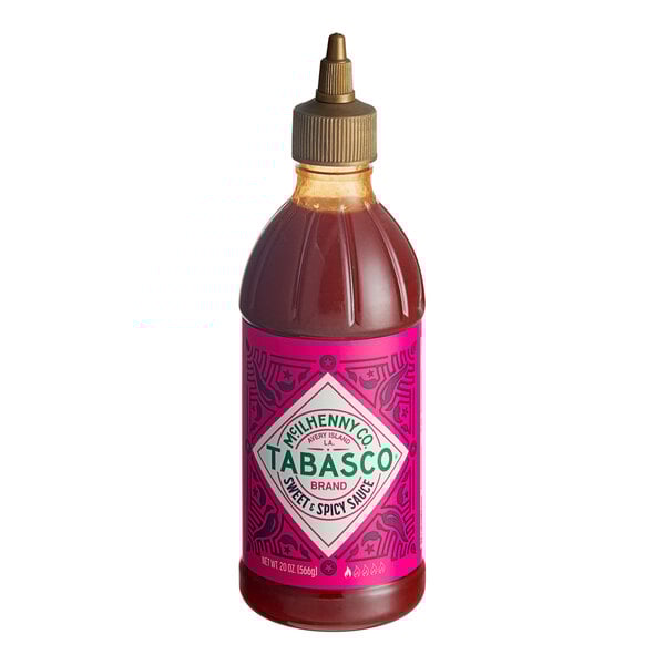 A bottle of TABASCO Sweet & Spicy Hot Sauce.