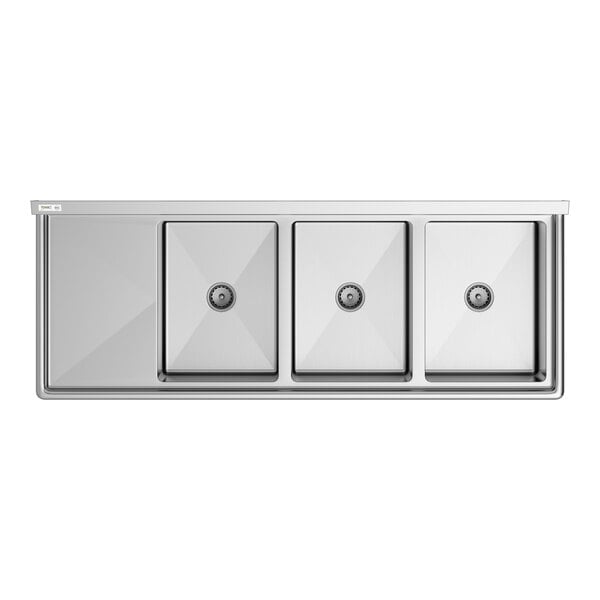 A Regency stainless steel three compartment sink with left drainboard.