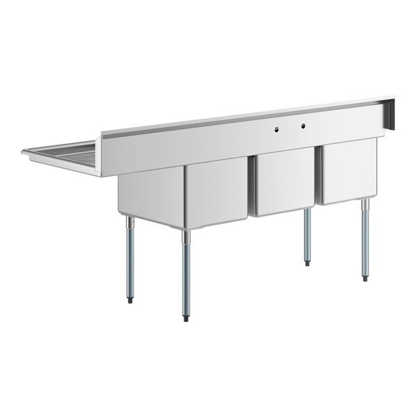 A Regency stainless steel three compartment sink with right drainboard.