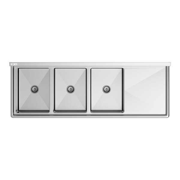 A stainless steel Regency commercial sink with three compartments and a right drainboard.