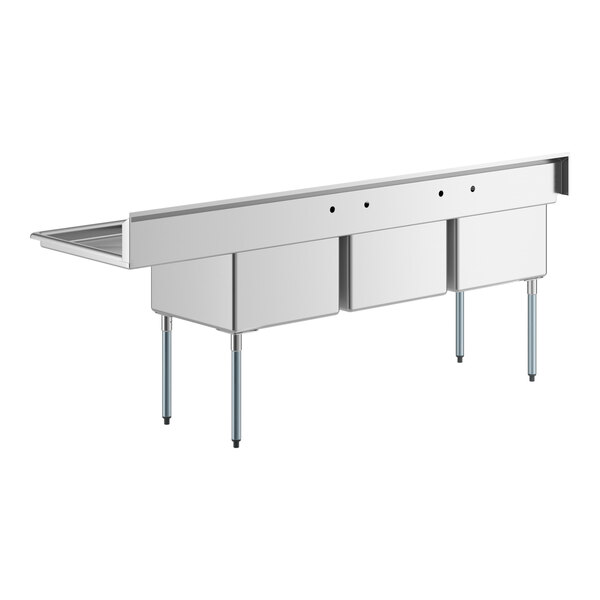 A Regency stainless steel three compartment sink with a right drainboard.