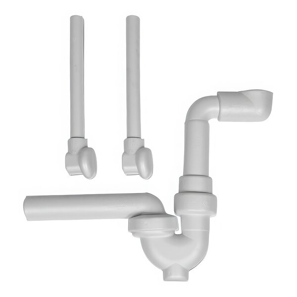 A white plastic rectangular cover for a P-trap with long white plastic pipes.