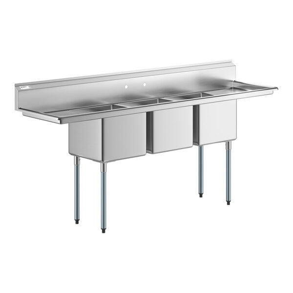 Regency 94" Three Compartment Commercial Sink with Galvanized Steel Legs, Two 18" Drainboards, and 18" x 18" x 14" Sink Bowls