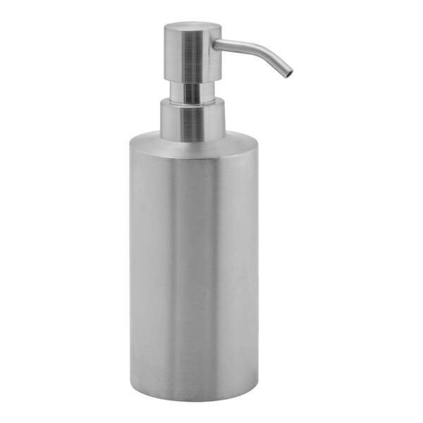A Room360 brushed silver stainless steel soap dispenser with a metal pump.