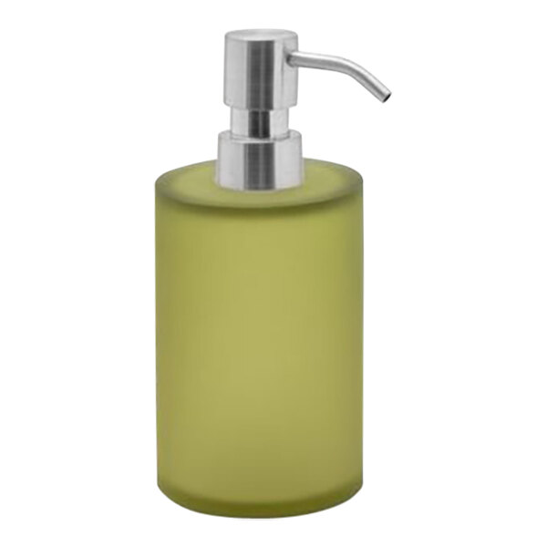 A sage green Room360 soap dispenser with a mirrored stainless steel pump top.