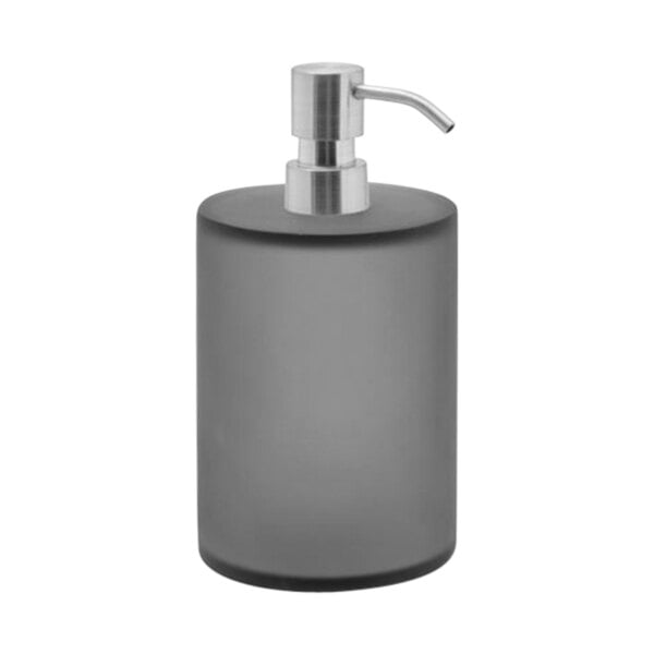 A grey Room360 soap dispenser with a mirrored stainless pump.