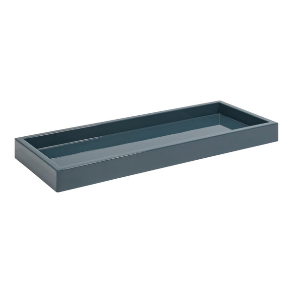 A rectangular grey peacock resin amenity tray with a blue border.