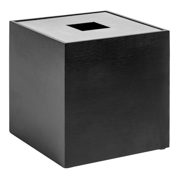 A Room360 black bamboo and stainless steel square tissue box cover with a hole in the top.