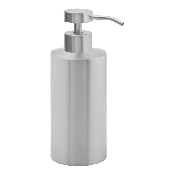 A Room360 brushed silver stainless steel soap dispenser with a metal pump.