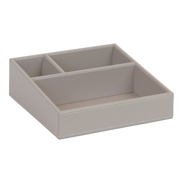 A white box with three compartments on a white surface.