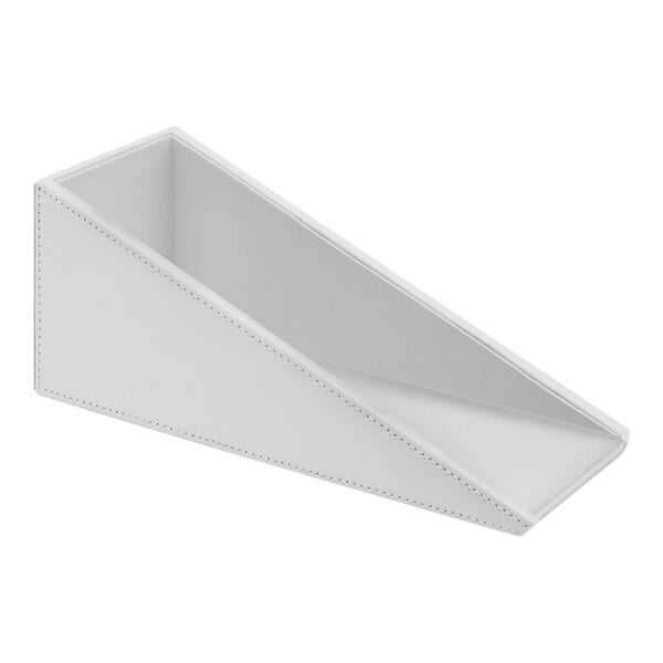 A white rectangular faux leather towel holder with stitching.