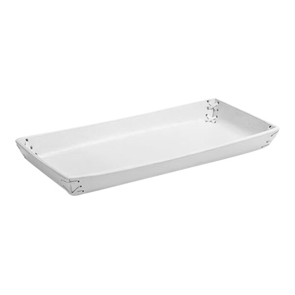 A white rectangular faux leather amenity tray with metal corners.