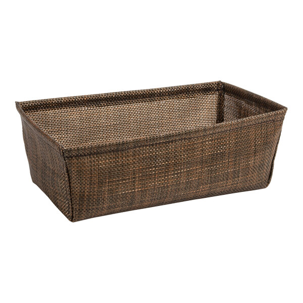 A brown woven mesh basket with handles.