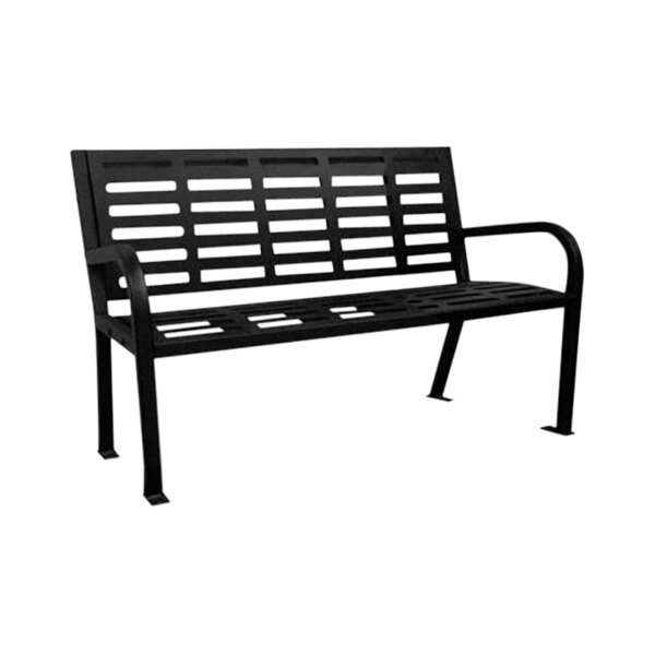 A Paris Site Furnishings black steel park bench.