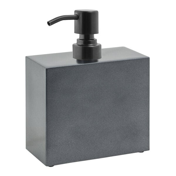 A grey square Room360 New York Onyx soap dispenser with a black pump top.