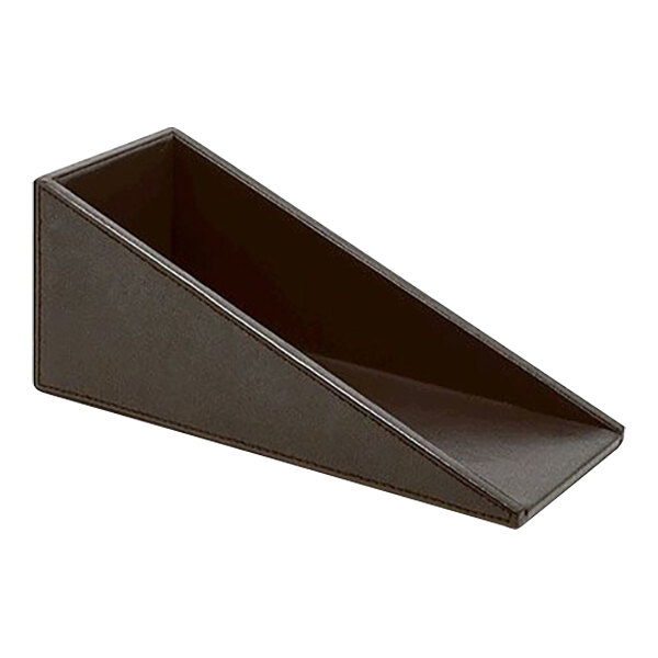 A brown rectangular faux leather box with a handle on a white background.