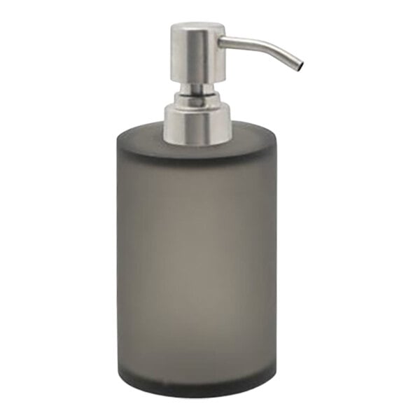 A smoke gray Room360 soap dispenser with a brushed stainless pump top.