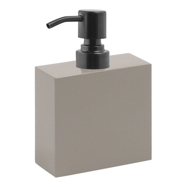 A white square Room360 stone soap dispenser with a black matte pump top.