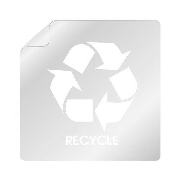 A white recycle symbol with white text.