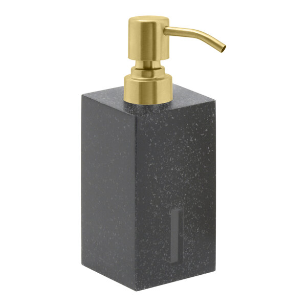 A black and gold Room360 soap dispenser with a matte brass pump top.