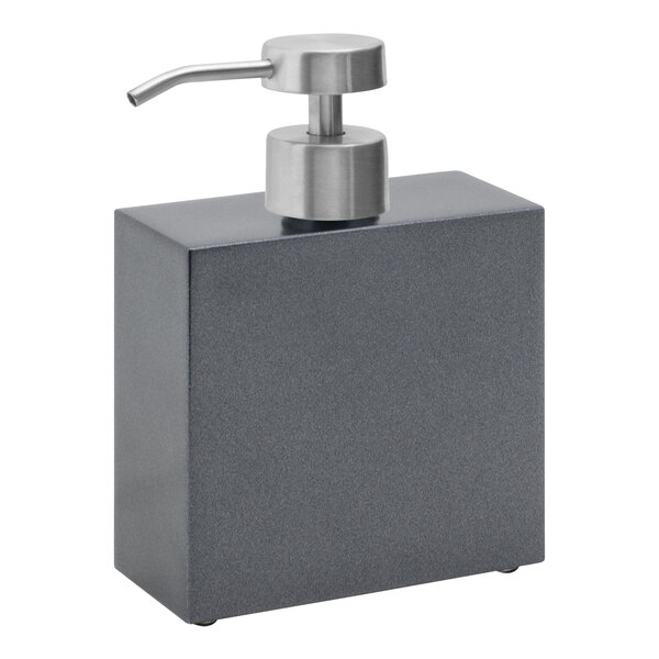 A grey square Room360 New York Onyx soap dispenser with a silver pump.