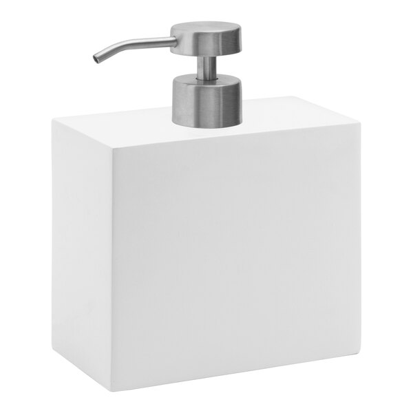 A white square Room360 New York soap dispenser with a low-profile silver pump.