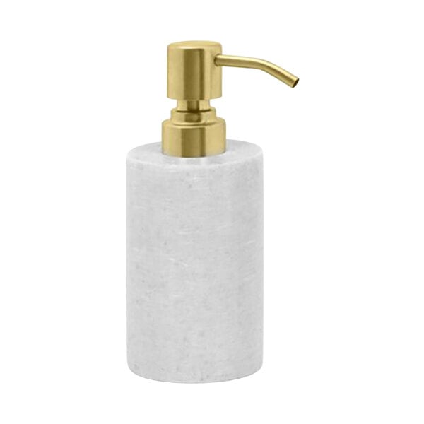 A white and cement gray soap dispenser with a matte brass pump top.