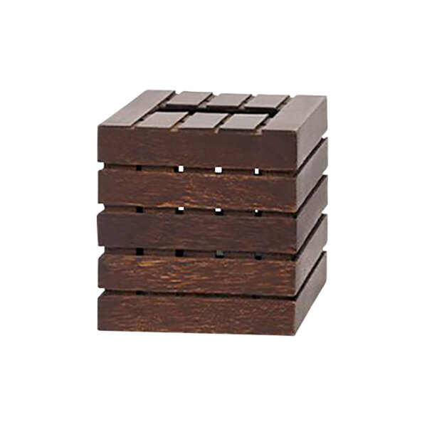 A stack of Room360 palm wood square tissue box covers.