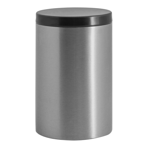 A silver stainless steel canister with a matte black lid.