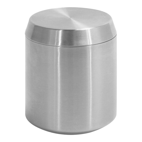 A Room360 silver stainless steel canister with a lid.