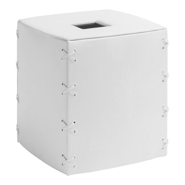 A white faux leather square tissue box cover with laces.