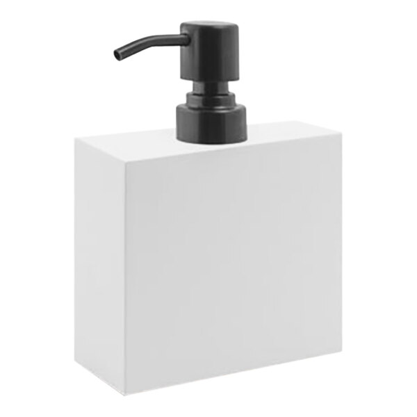 A white square Room360 New York soap dispenser with a black pump.