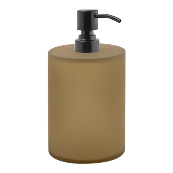 A brown Room360 soap dispenser with a black pump.