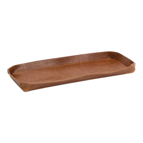 A brown faux leather rectangular tray with a handle.