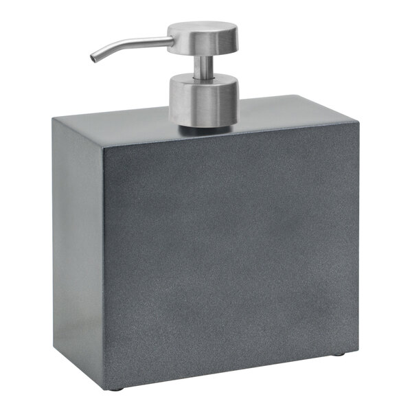 A grey square Room360 New York Onyx soap dispenser with a brushed stainless pump.