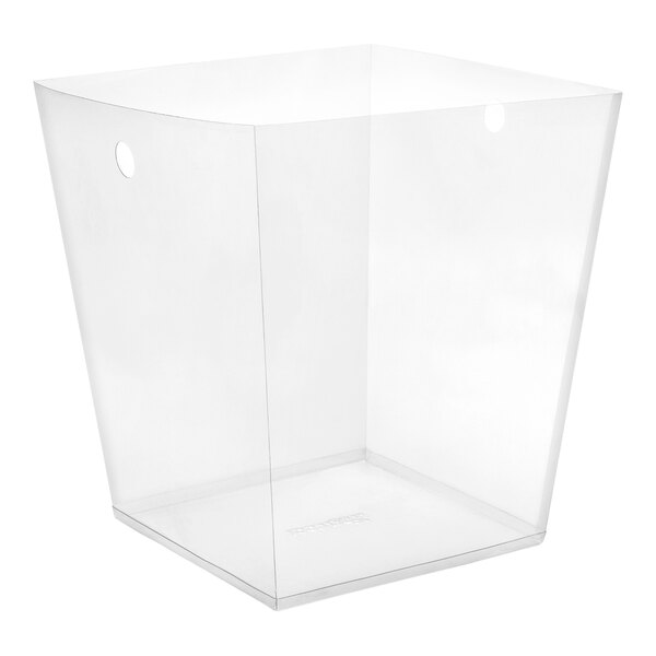 A clear plastic square wastebasket liner.