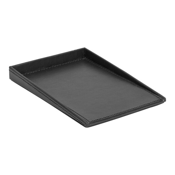 A black rectangular Room360 faux leather notepad holder with stitching.