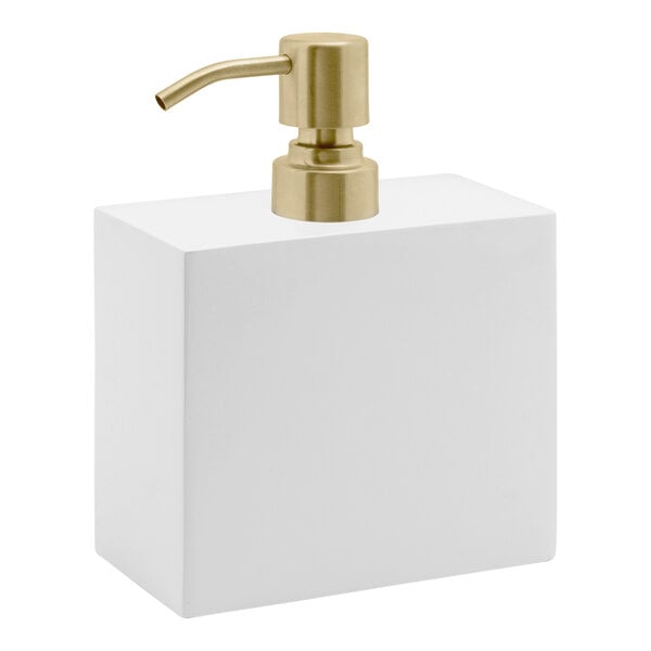 A white Room360 New York soap dispenser with a matte brass pump top in a white box.