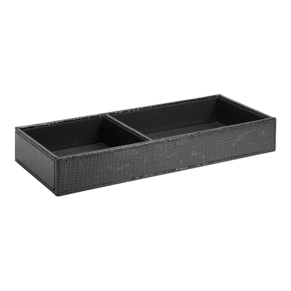 A black rectangular Room360 organizer with two compartments.