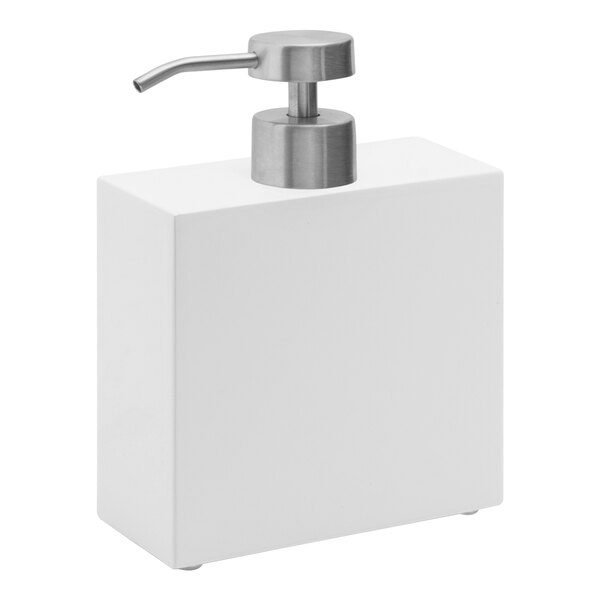 A white square Room360 New York soap dispenser with a brushed stainless metal pump.