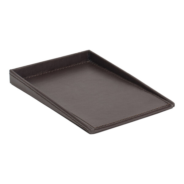 A brown faux leather notepad holder with stitching.