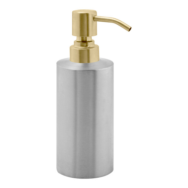 A silver stainless steel soap dispenser with a matte brass top.