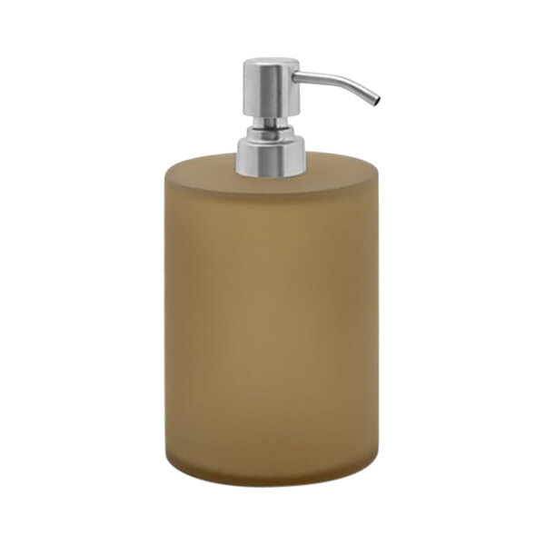 A brown Room360 Nassau soap dispenser with a silver pump.