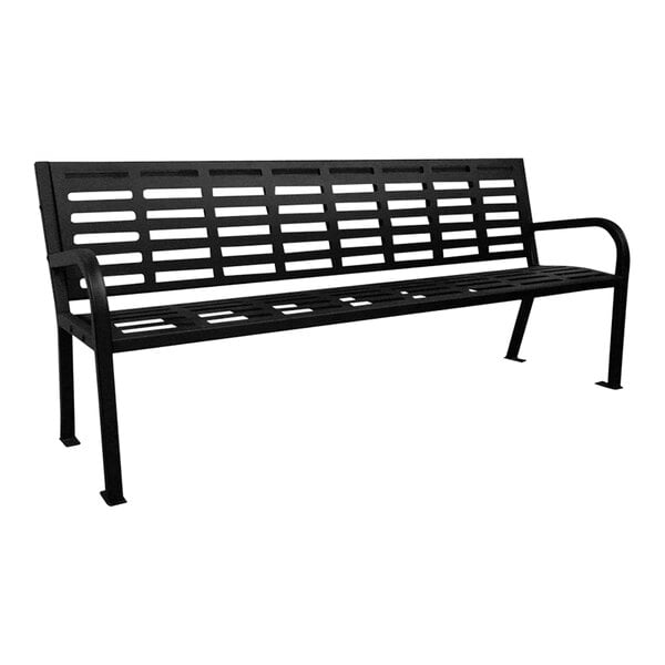 A black Paris Site Furnishings steel park bench.